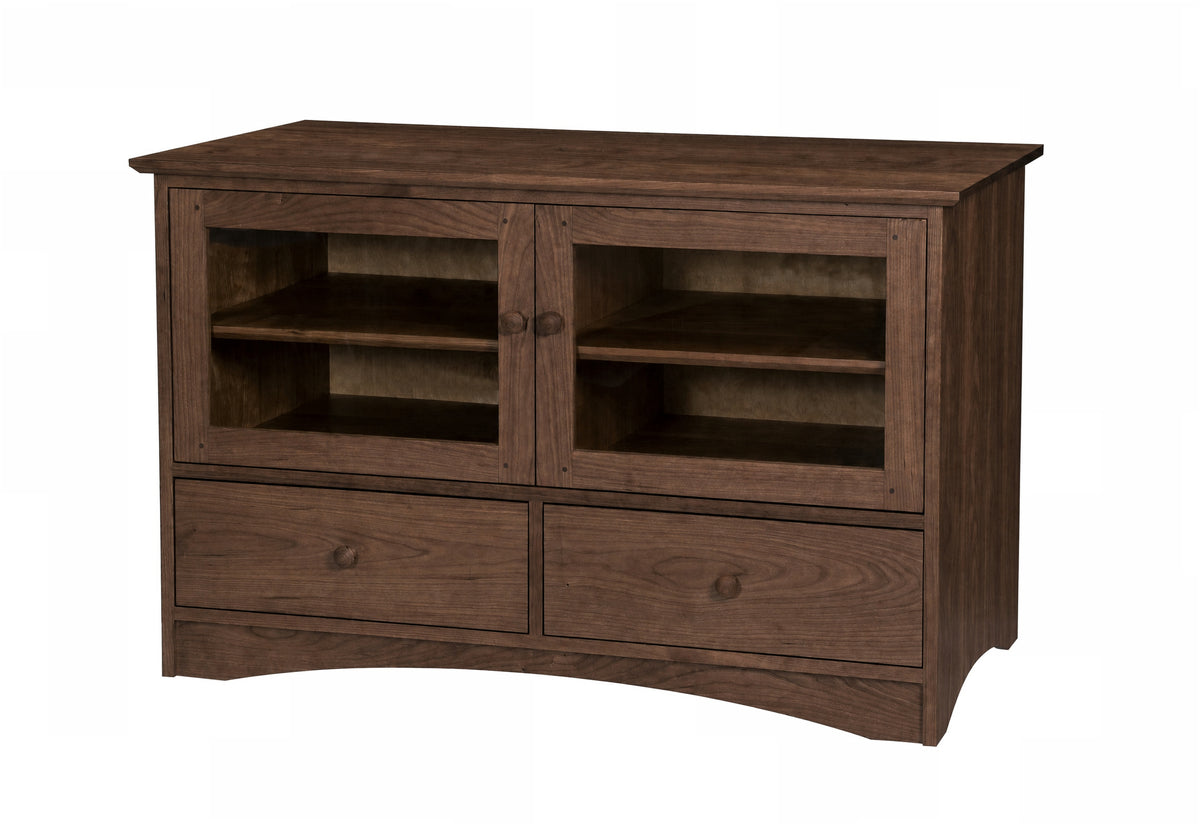 A medium Walnut wooden media console with two glass-front upper cabinets, two lower drawers, and curved front feet, shown on a plain white background.
