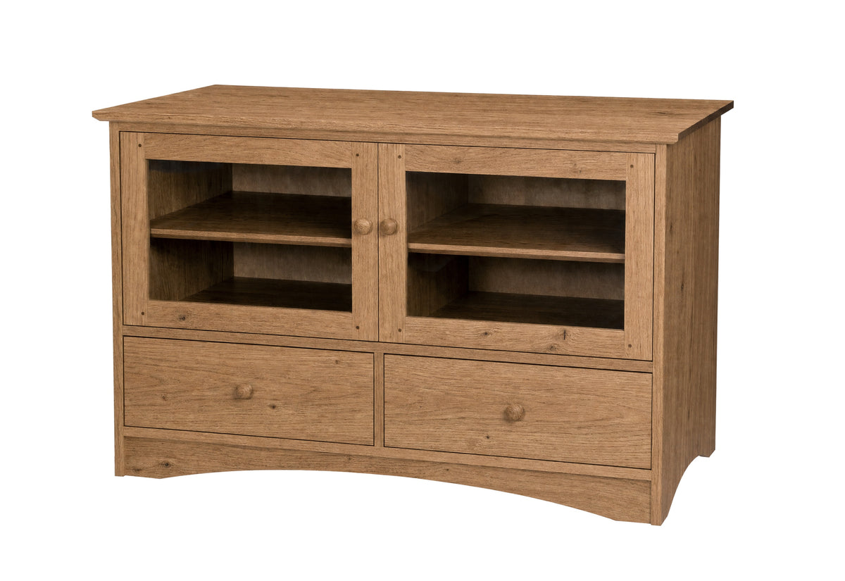 An Oak wooden media console or TV stand with two glass-front upper cabinets, two lower drawers, and curved front feet, shown on a plain white background.