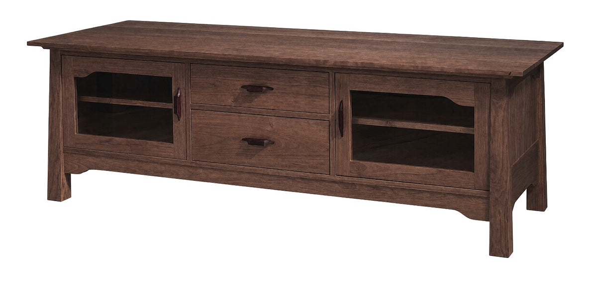 A dark brown wooden TV stand or media console with two drawers in the center and two glass-front cabinet doors on the sides, shown on a plain white background.