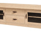 A light natural wood TV stand or coffee table with two drawers in the center and two glass-front cabinet doors on the sides, shown on a plain white background.