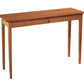 A mid-century modern wooden console table with a warm medium-brown finish, featuring a single drawer with a small round wooden pull, set against a plain white background.