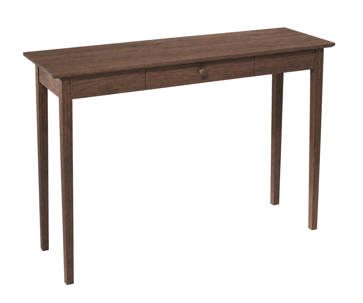 A dark brown wooden console table with a single drawer and a round wooden pull handle, shown on a solid white background.