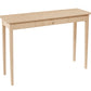 A light natural wood console table with two drawers and a round wooden pull handle, shown on a solid white background.