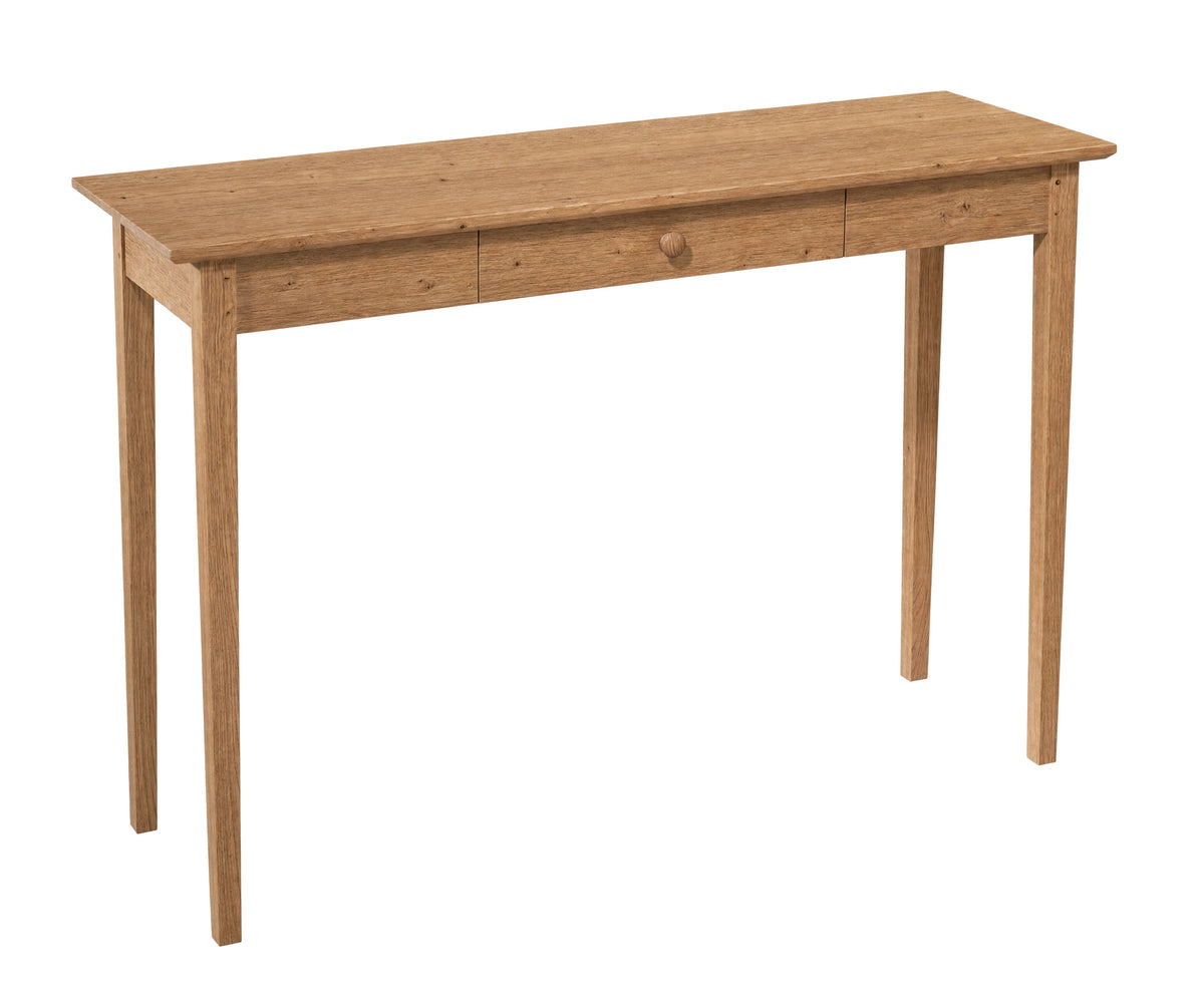 A light brown wooden console table with two drawers and a round wooden knob, shown on a solid white background.