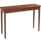 A mid-century modern wooden console table with a warm medium-brown finish, featuring two drawers on the front and four tapered legs, shown against a plain white background.