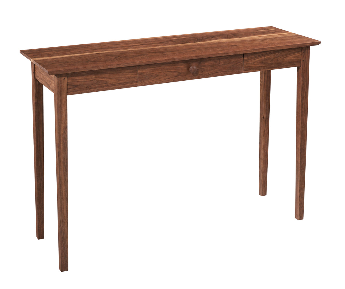 A mid-century modern wooden console table with a warm medium-brown finish, featuring two drawers on the front and four tapered legs, shown against a plain white background.