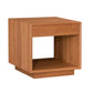 A modern wooden side table with a single drawer and an open cubby shelf, shown from a three-quarter angle on a solid white background.