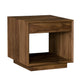 A modern square wooden end table with a single drawer and an open cubby shelf, shown on a plain white background.