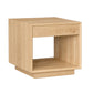 A light Maple wood cube side table with a single drawer and an open lower shelf, shown on a plain white background.