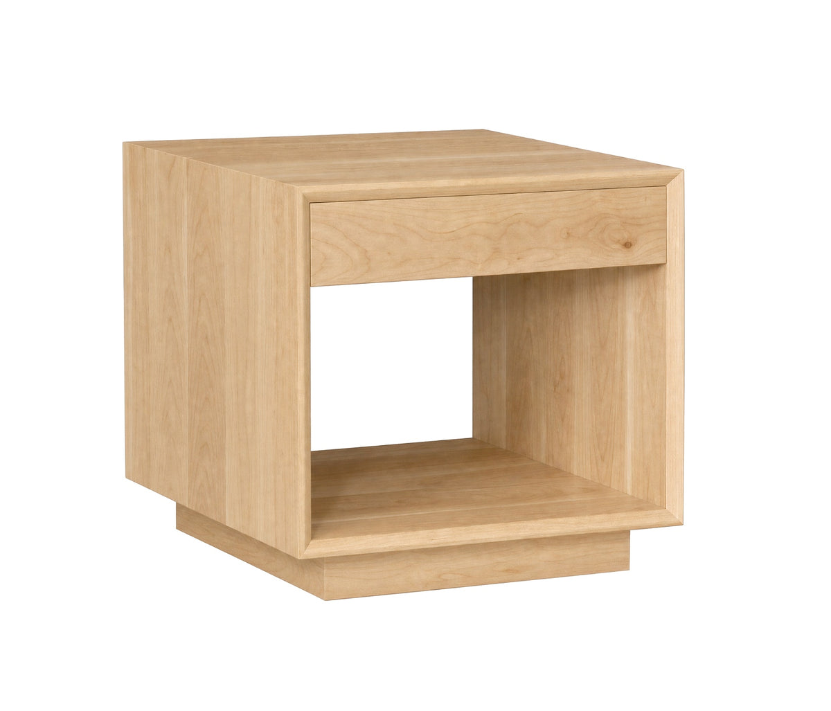 A light Maple wood cube side table with a single drawer and an open lower shelf, shown on a plain white background.