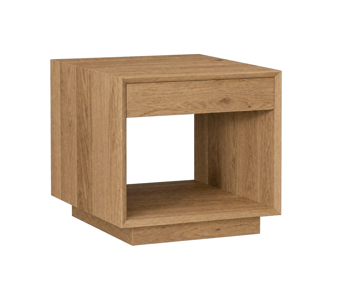 A modern square side table or end shelf made of light oak wood, featuring a single drawer on the top and an open cubby shelf below, shown on a plain white background.