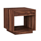 A modern wooden side table with a dark brown walnut finish, featuring a single drawer and an open cubby shelf, shown on a solid white background.