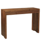 A modern wooden console table with a medium brown finish, featuring a rectangular top, two drawers, and a sculptural open leg design, shown against a plain white background.