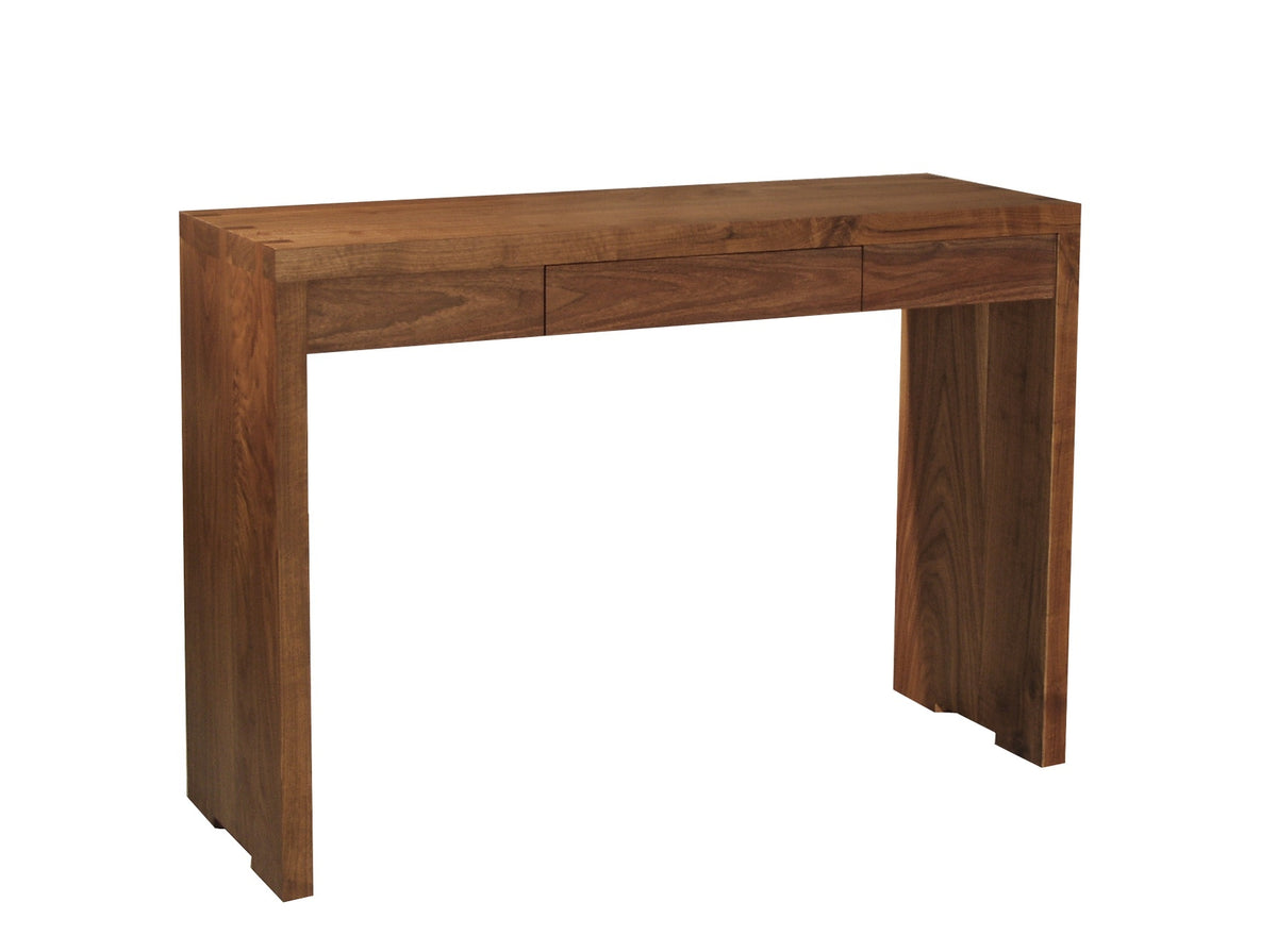 A modern wooden console table with a medium brown finish, featuring a rectangular top, two drawers, and a sculptural open leg design, shown against a plain white background.