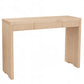 A light natural wood console table with two drawers on the front and a rectangular open leg structure on the sides, shown against a plain white background.