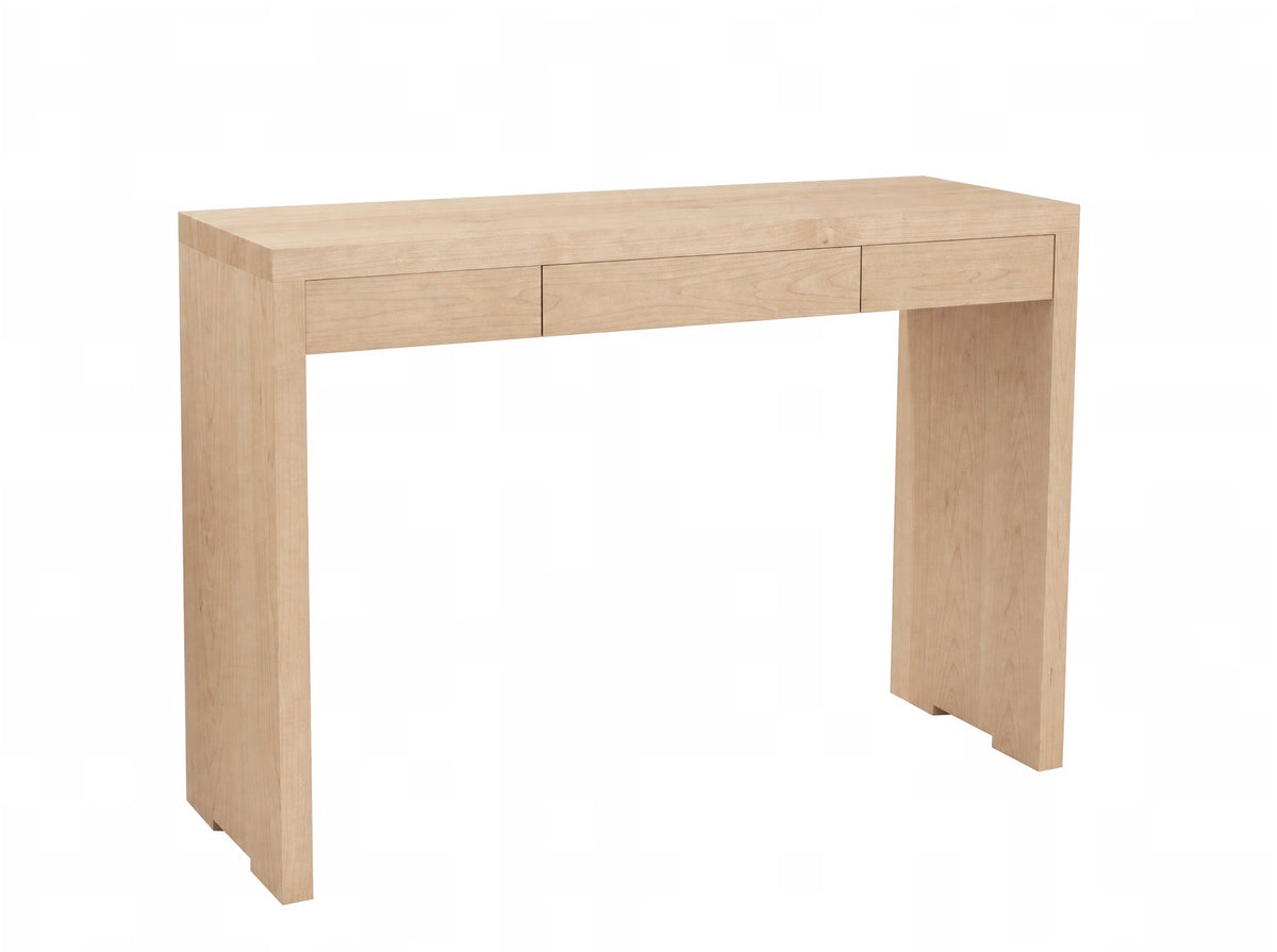 A light natural wood console table with two drawers on the front and a rectangular open leg structure on the sides, shown against a plain white background.