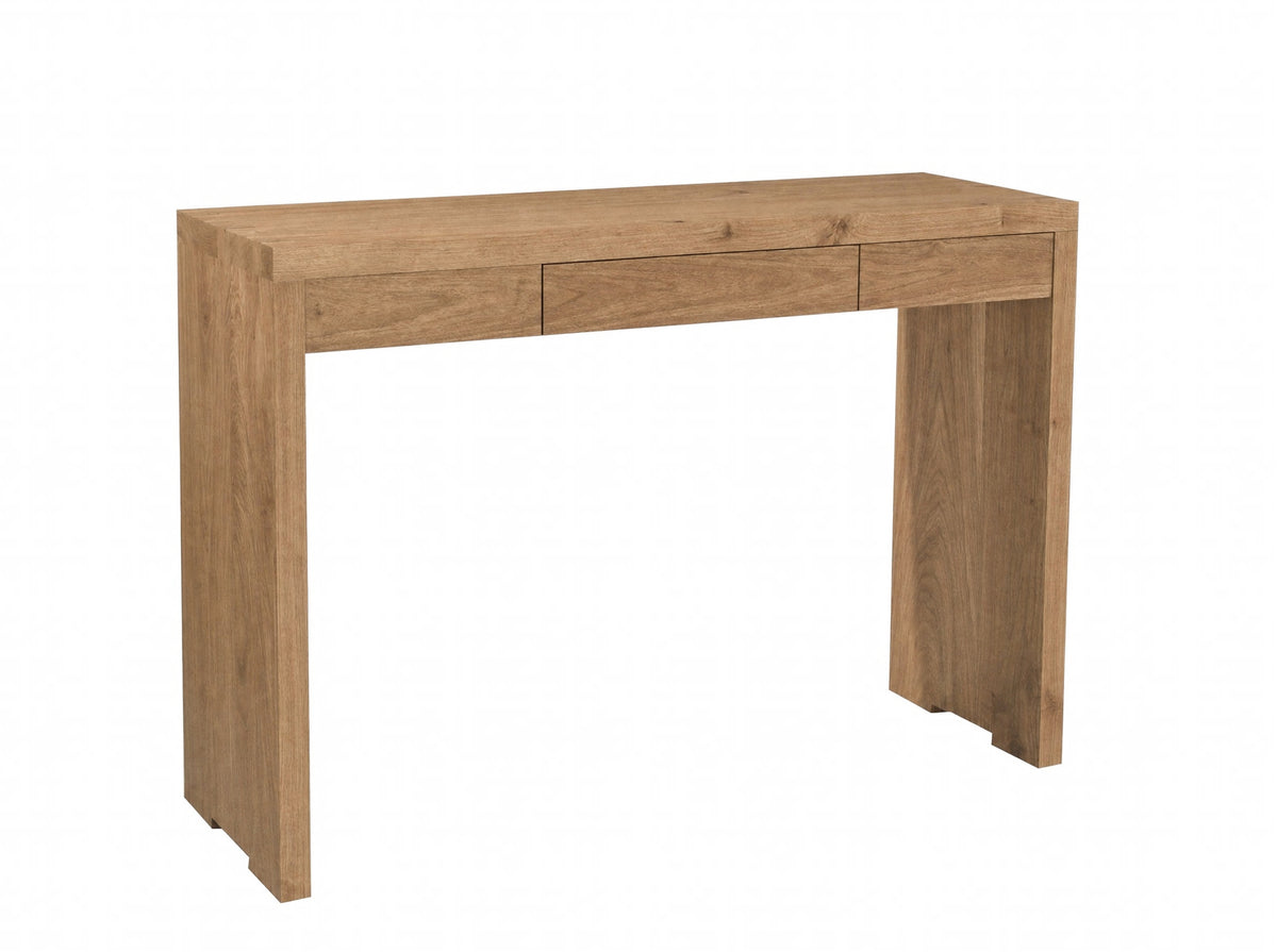 A light oak wood console table with a rectangular top, two drawers, and a thick blocky leg design, shown on a plain white background.