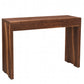 A modern wooden console table with a rich walnut finish, featuring a rectangular top, two drawer fronts, and block-style legs, shown on a solid white background.