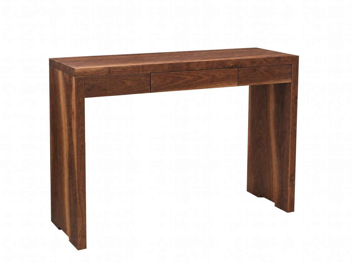 A modern wooden console table with a rich walnut finish, featuring a rectangular top, two drawer fronts, and block-style legs, shown on a solid white background.
