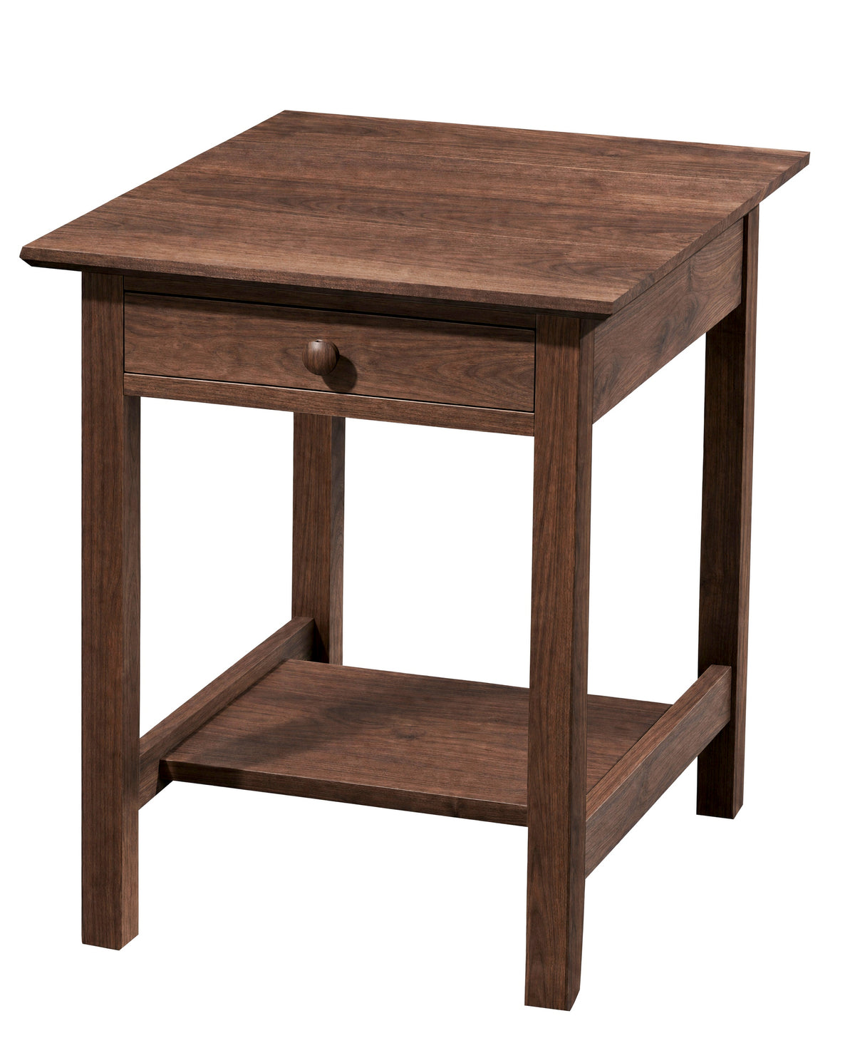 A dark brown wooden end table with a single drawer, round wooden knob, and an open lower shelf, shown on a plain white background.
