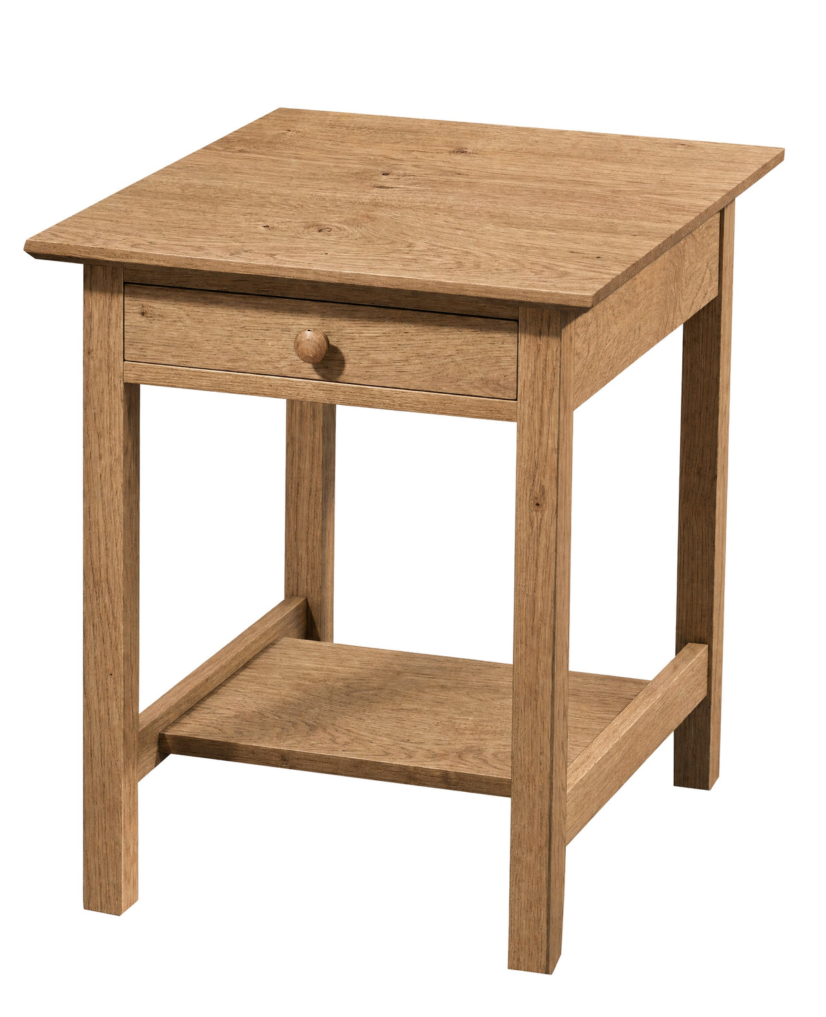 A small wooden side table with a single drawer, round wooden knob, and a lower shelf, shown on a plain white background.