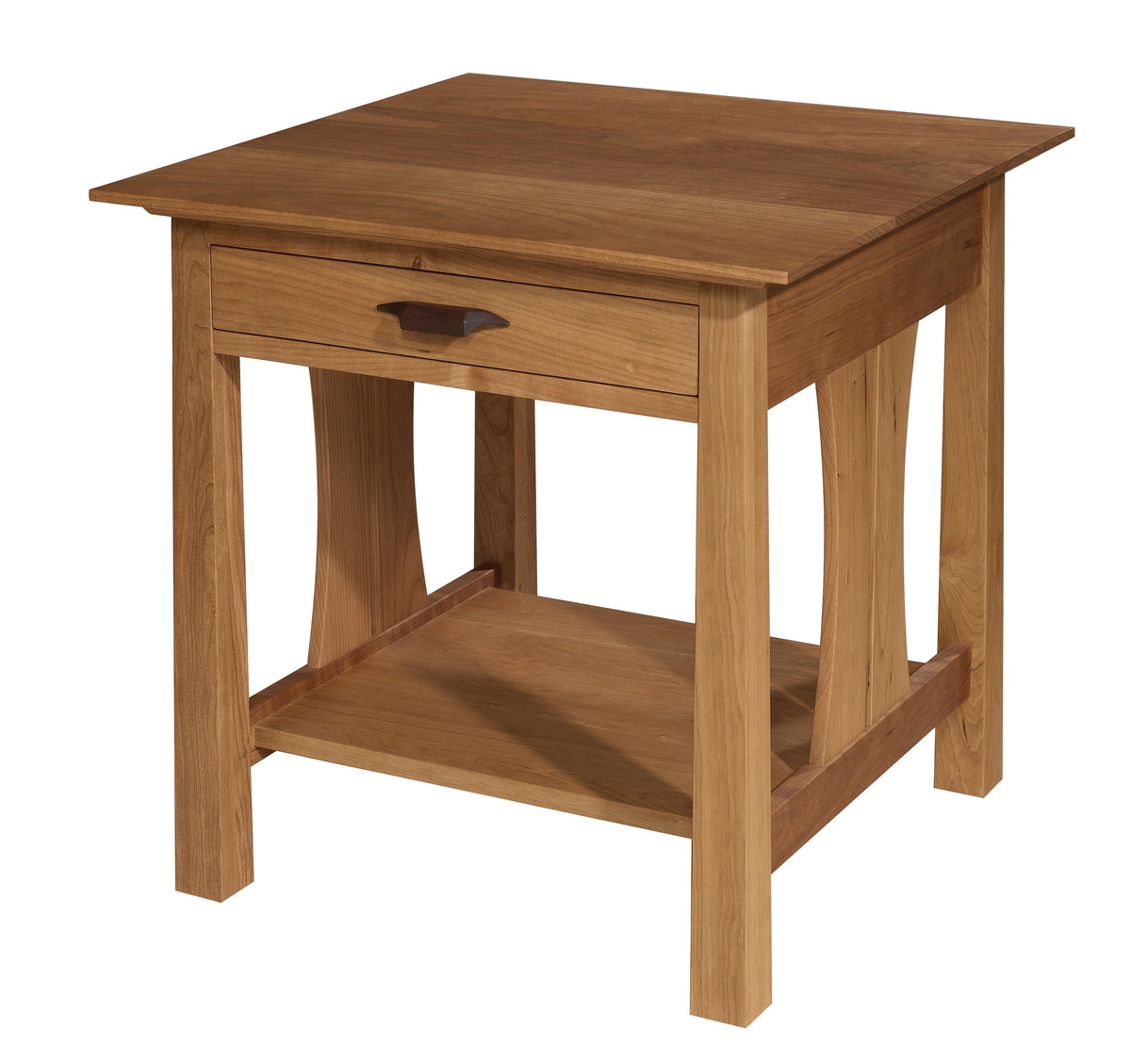 A square wooden end table with a single drawer, featuring a warm medium-brown finish and a dark metal pull handle, shown on a plain white background.