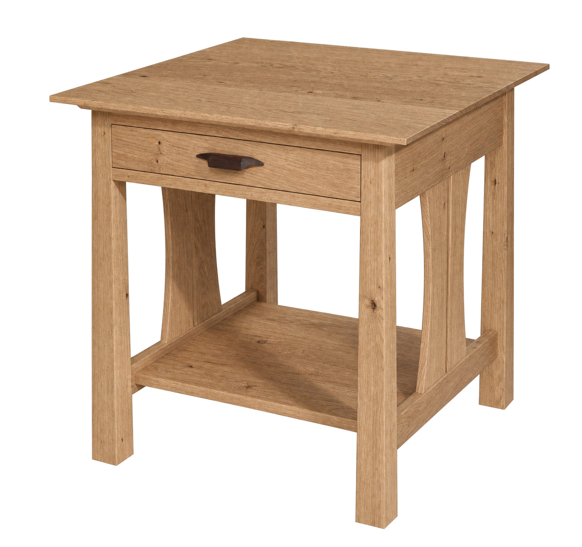 A square wooden end table with a single drawer, open lower shelf, and dark wood drawer pull, shown on a plain white background.