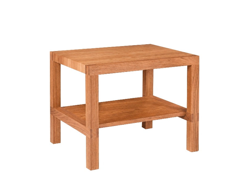 A square wooden side table with a warm medium-brown finish, featuring a top surface, a lower shelf, and four sturdy legs, shown against a plain white background.