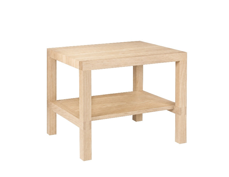 A light natural wood side table with a rectangular top, four legs, and a lower shelf, shown on a plain white background.