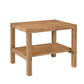 A square wooden end table with a natural oak finish, featuring a top surface, a lower shelf, and four sturdy legs, shown against a plain white background.