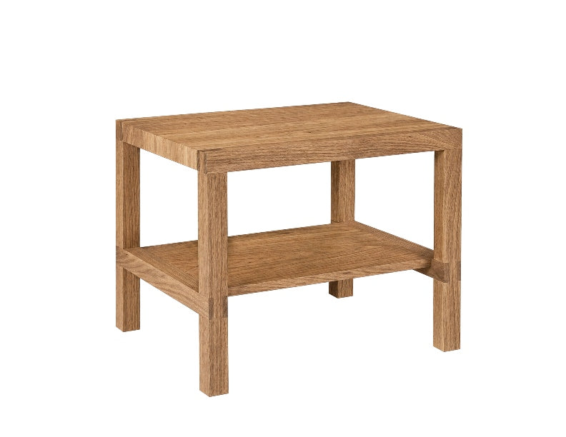 A square wooden end table with a natural oak finish, featuring a top surface, a lower shelf, and four sturdy legs, shown against a plain white background.