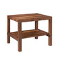 A square wooden end table with a rich dark brown grain, featuring a top surface, four legs, and a lower shelf, isolated on a white background.