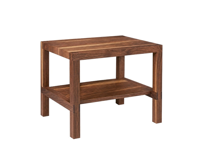 A square wooden end table with a rich dark brown grain, featuring a top surface, four legs, and a lower shelf, isolated on a white background.