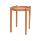 A light oak wood side table with a round tray top and four tapered legs, shown on a plain white background.