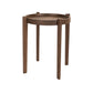 A round wooden side table with four legs and a shallow tray-like top, shown on a plain white background.
