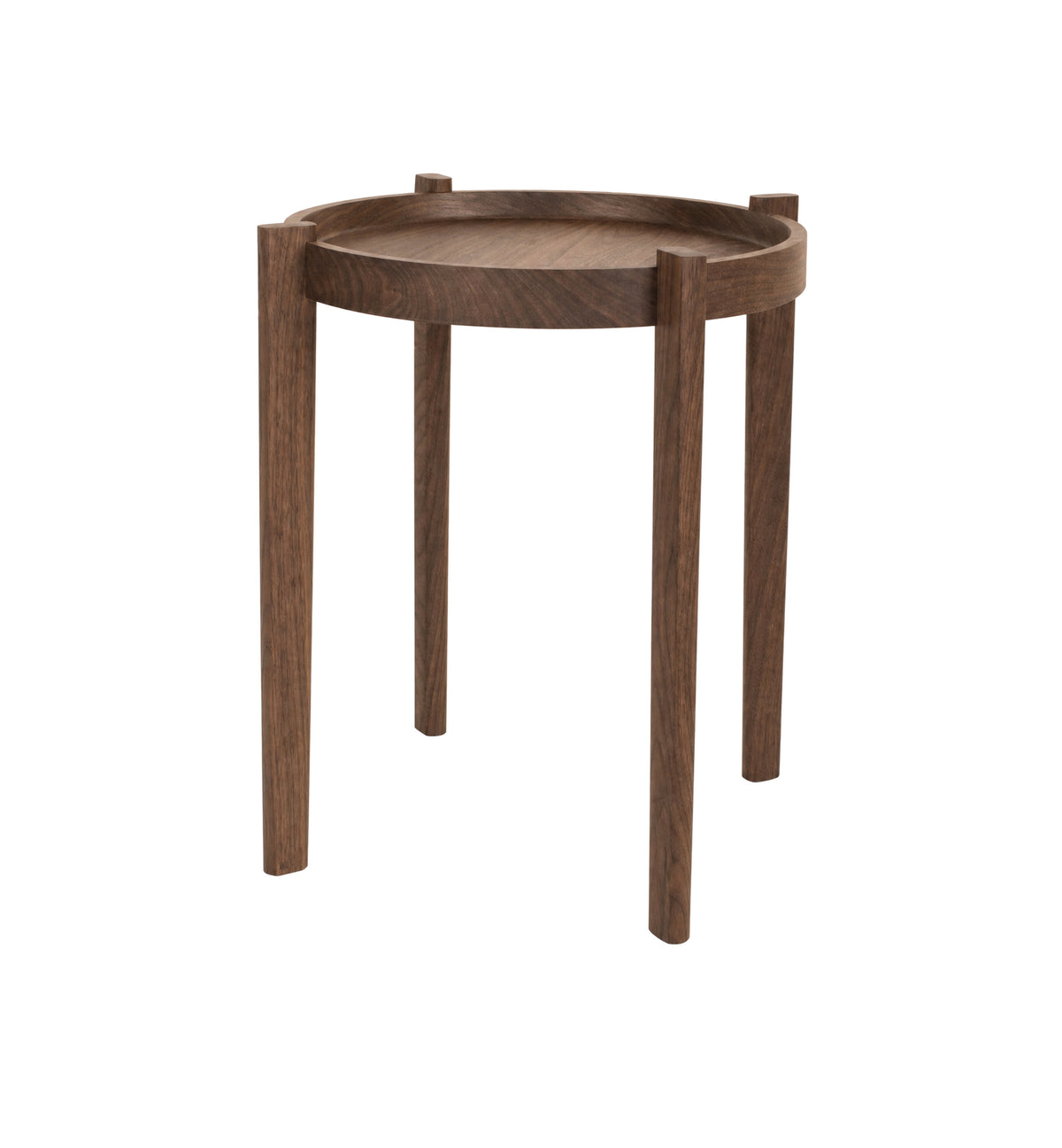 A round wooden side table with four legs and a shallow tray-like top, shown on a plain white background.