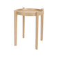 A light natural wood side table with a circular tray top and four straight legs, shown on a plain white background.