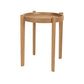 A round wooden side table with four legs and a natural oak finish, shown on a plain white background.