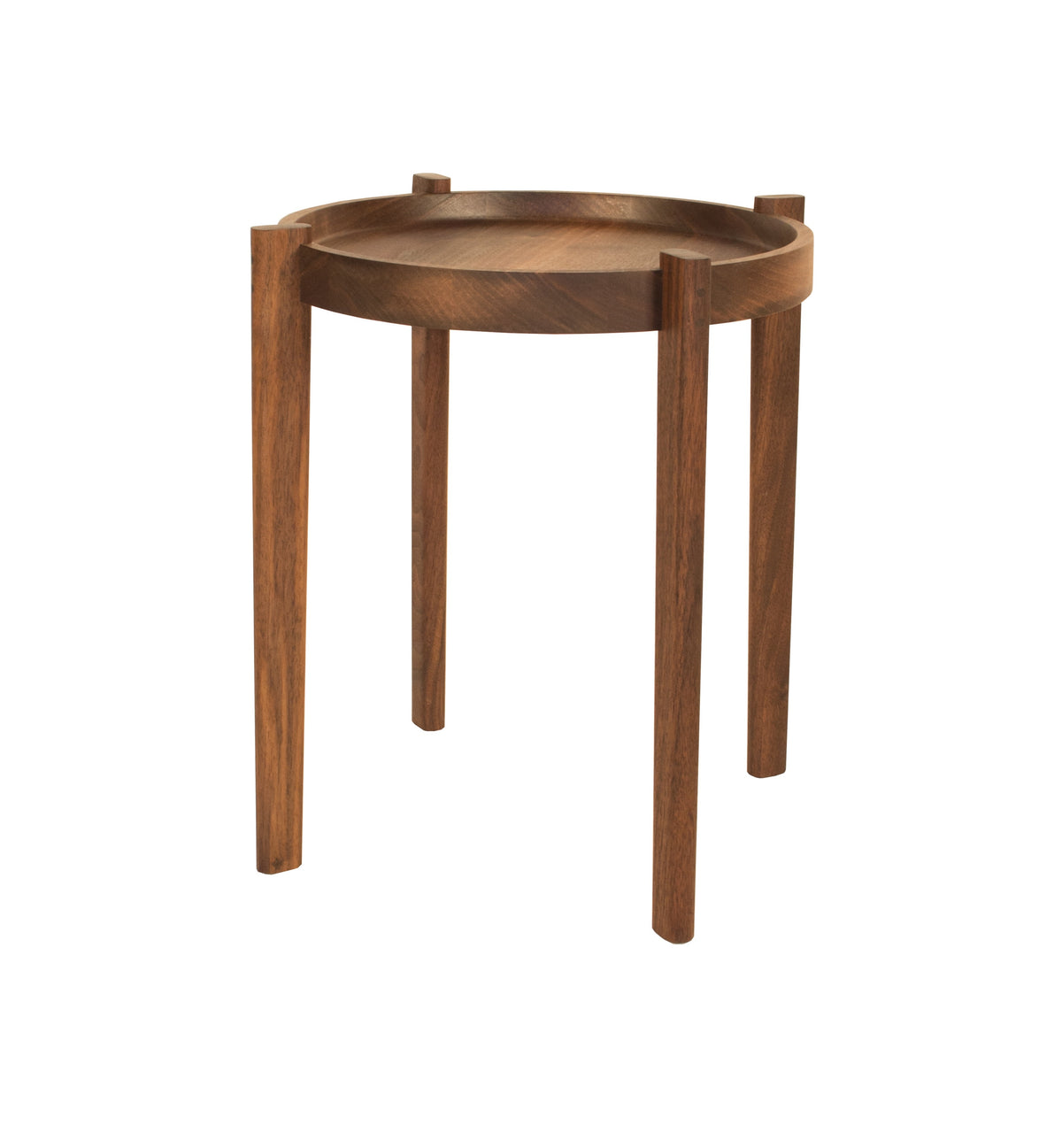 A round wooden side table with four legs and a shallow tray, shown on a plain white background.