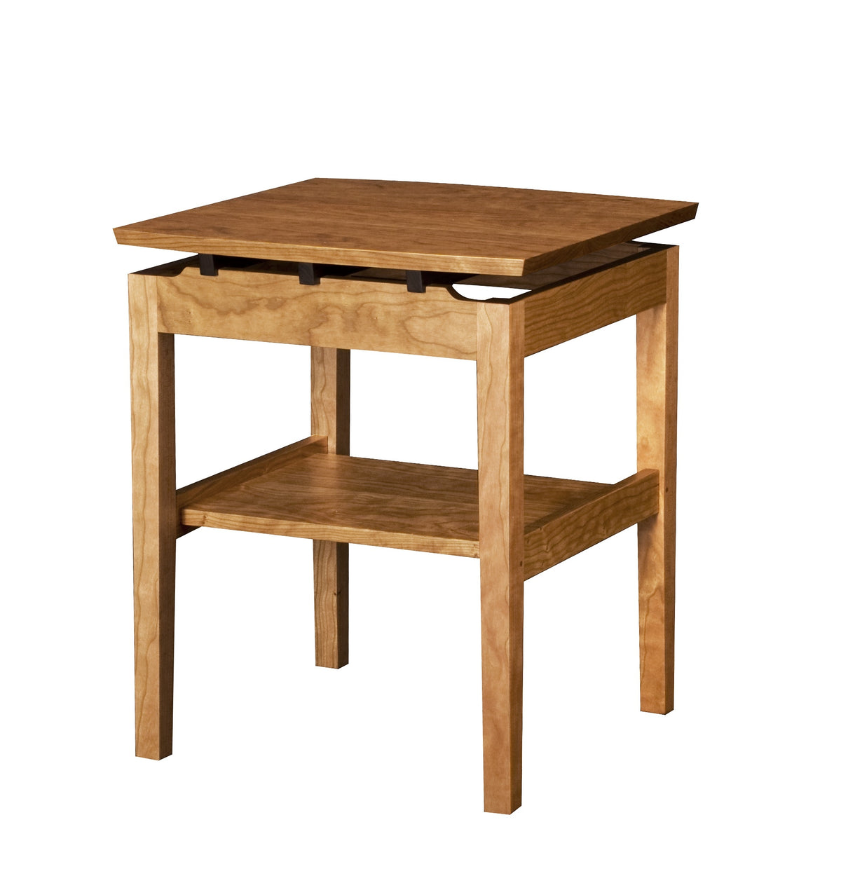 A wooden side table with a warm medium-brown finish, features a lower shelf, and walnut risers under the tabletop, set against a plain white background.
