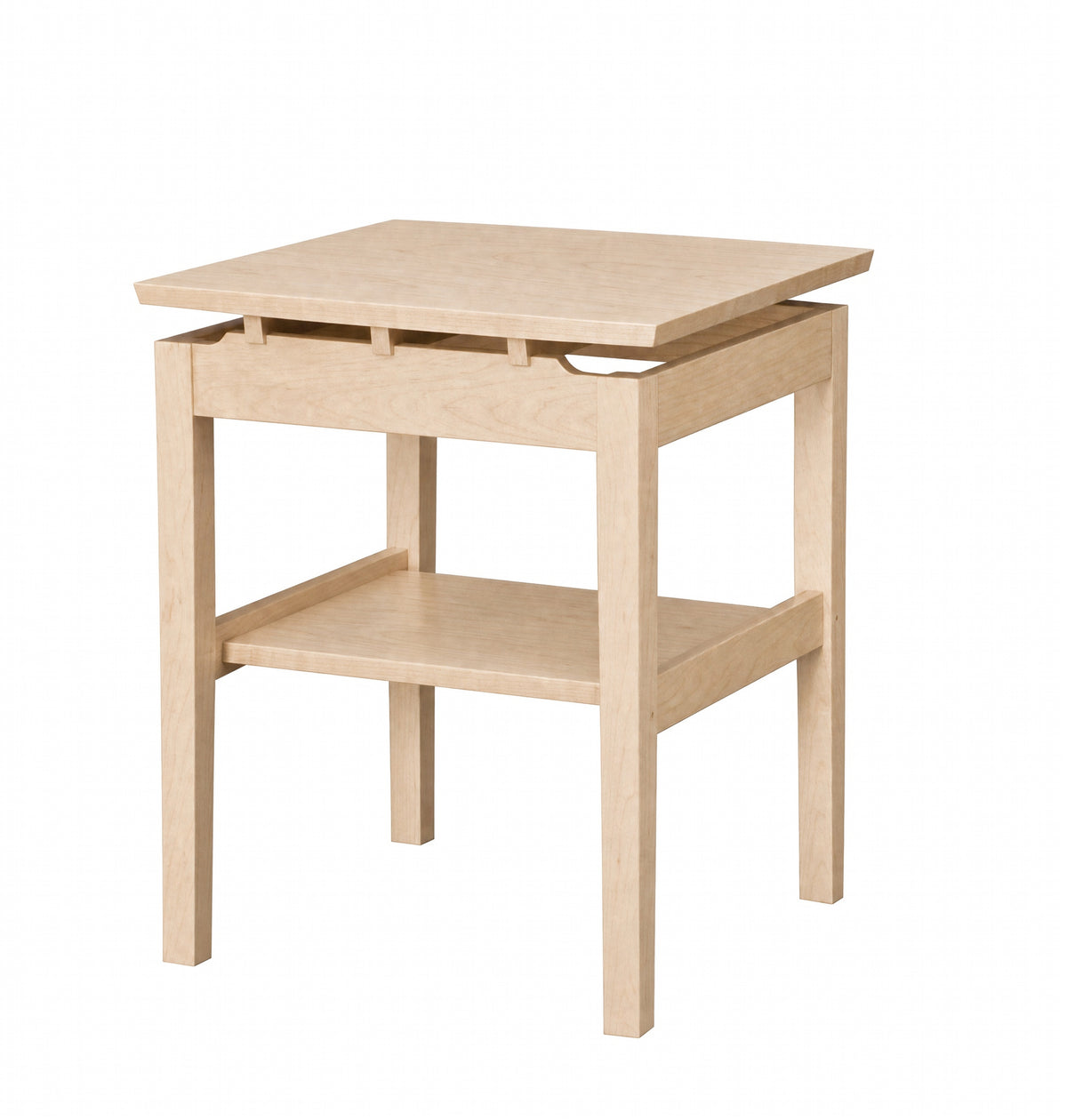 A light Maple wooden side table. Features a lower shelf, and wood risers under the tabletop, set against a plain white background.