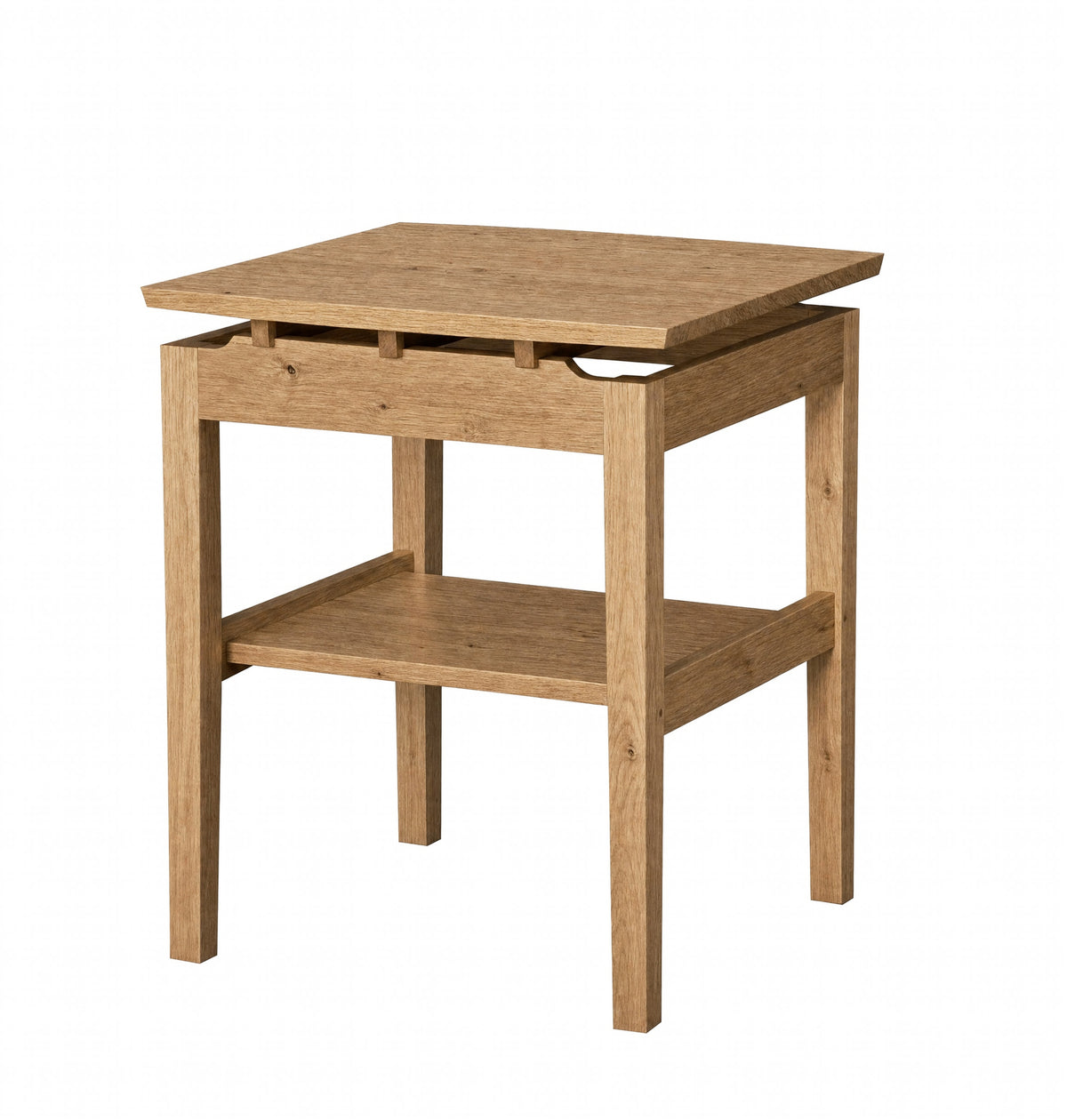 A light oak wood lift-top side table with a lower shelf, shown on a solid white background.