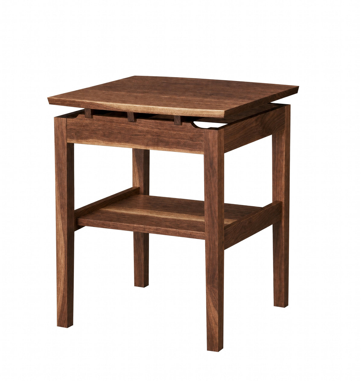 A wooden side table with a warm medium-brown finish, features a lower shelf, and walnut risers under the tabletop, set against a plain white background.
