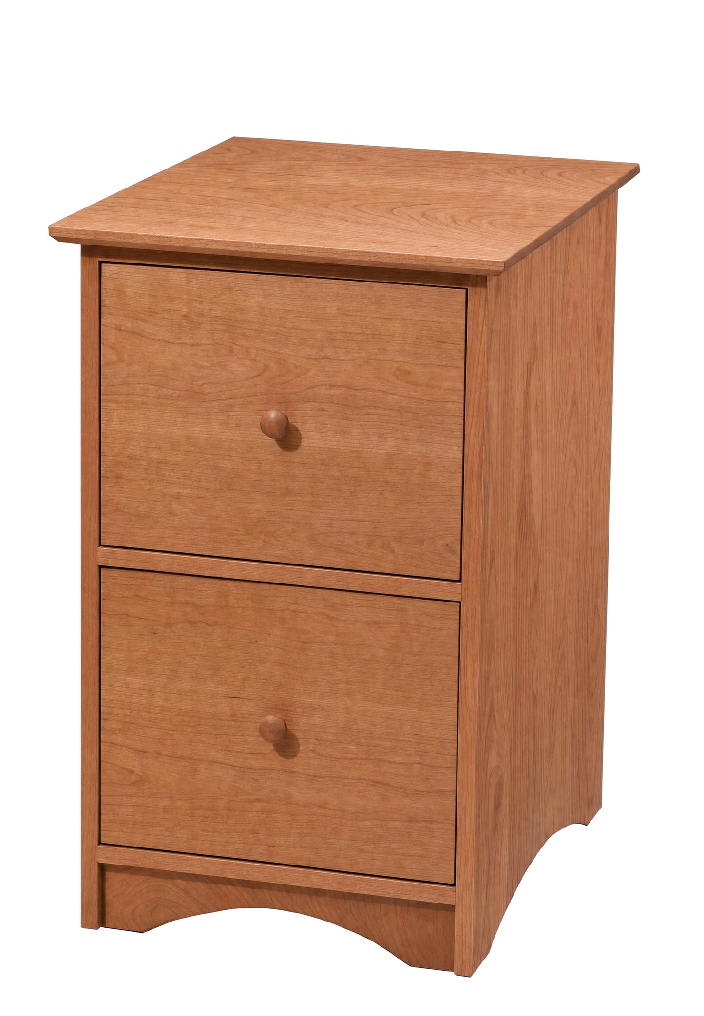 A two-drawer wooden file cabinet warm natural Cherry finish, featuring round wooden knobs and a slightly tapered top, shown against a plain white background.