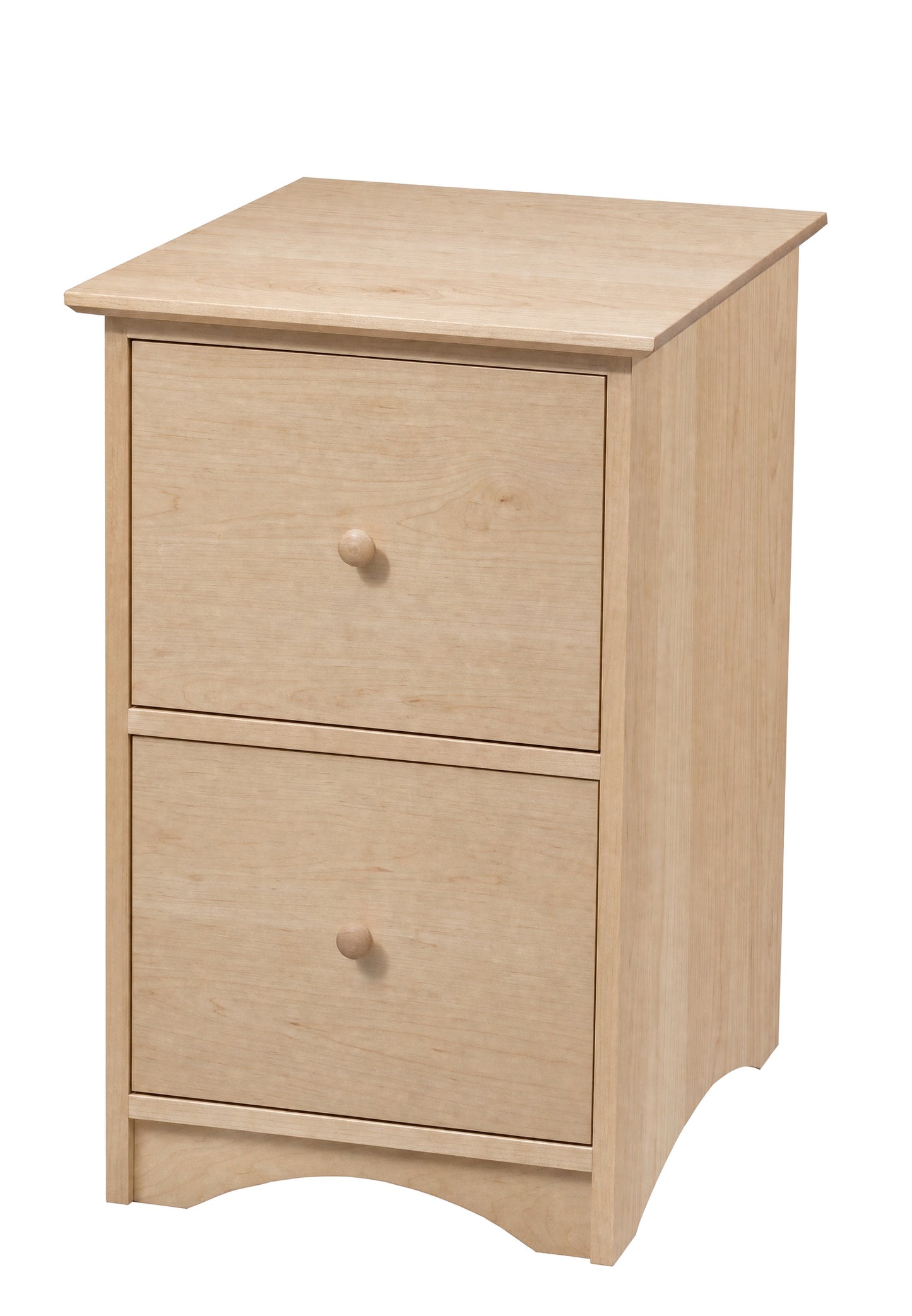 A two-drawer wooden file cabinet light Maple finish, featuring round wooden knobs and a slightly tapered top, shown against a plain white background.