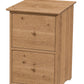 A two-drawer wooden file cabinet warm natural oak finish, featuring round wooden knobs and a slightly tapered top, shown against a plain white background.