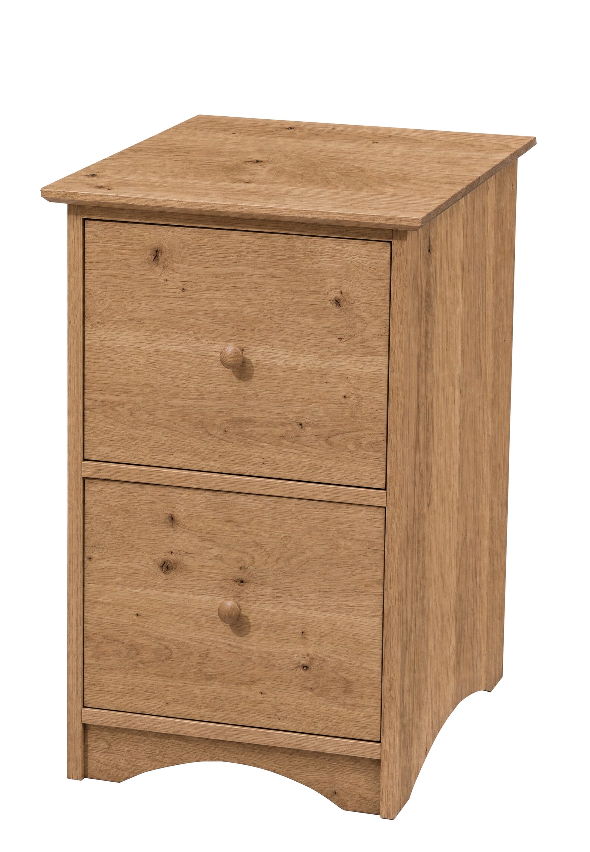 A two-drawer wooden file cabinet warm natural oak finish, featuring round wooden knobs and a slightly tapered top, shown against a plain white background.