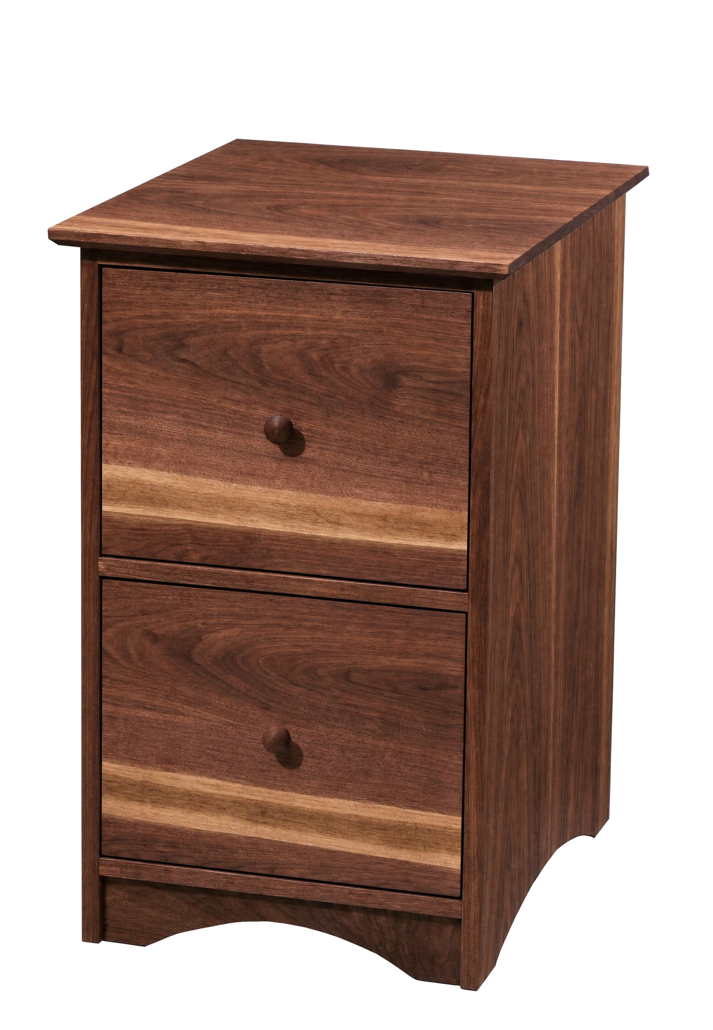 A two-drawer wooden file cabinet warm natural walnut finish, featuring round wooden knobs and a slightly tapered top, shown against a plain white background.