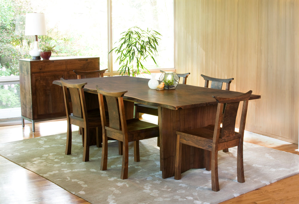 Western Walnut Kyoto Chairs with Live Edge Dining Table