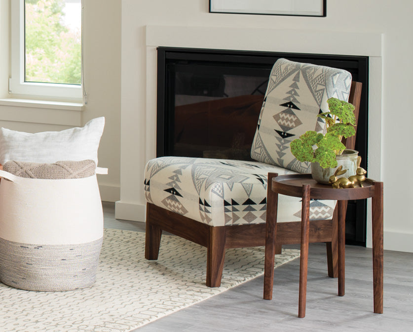 Slipper Chair in Eastern Walnut with special edition Pendleton Wool with Sebastian End Table